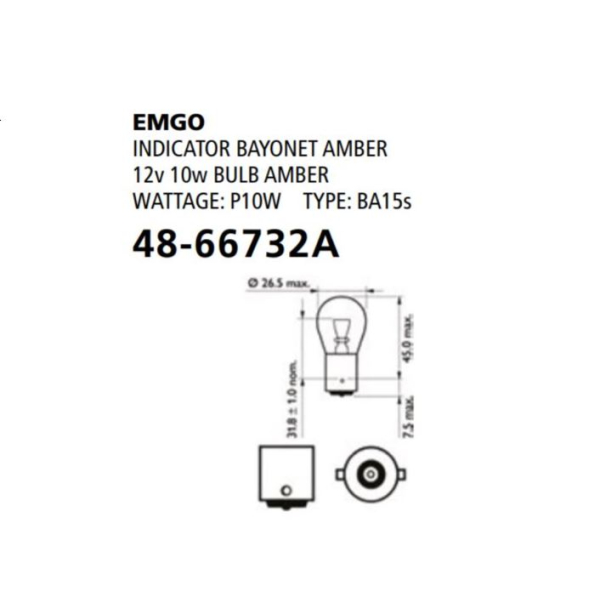 Emgo Globe 12V 10W BAU15S Amber