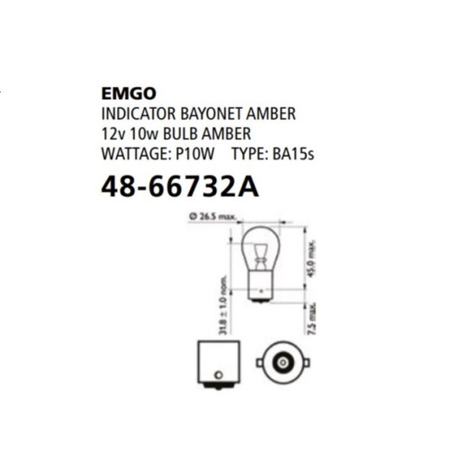 [EMG-48-66732A] Emgo Globe 12V 10W BAU15S Amber